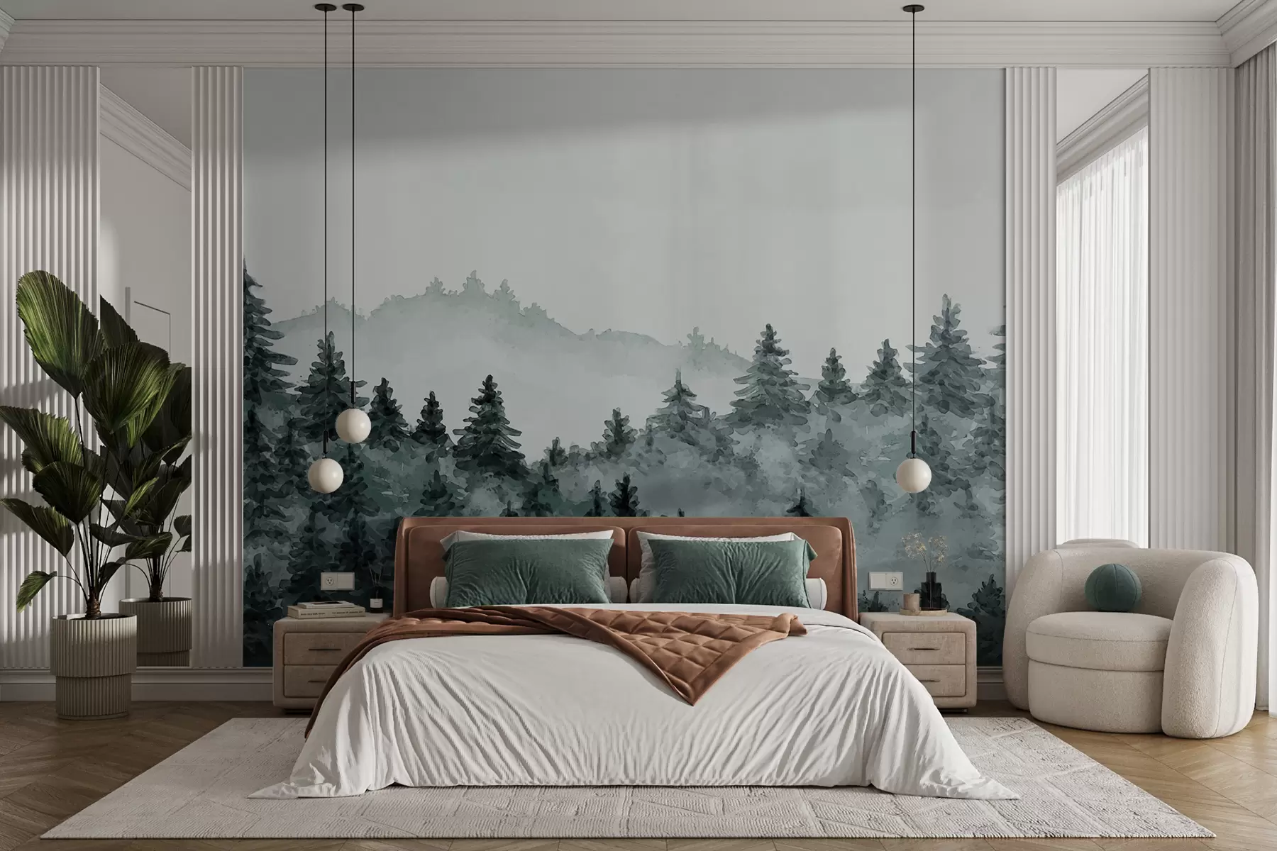 murales de pared Acuarela paisaje forestal, niebla, color verde, pinos u98994