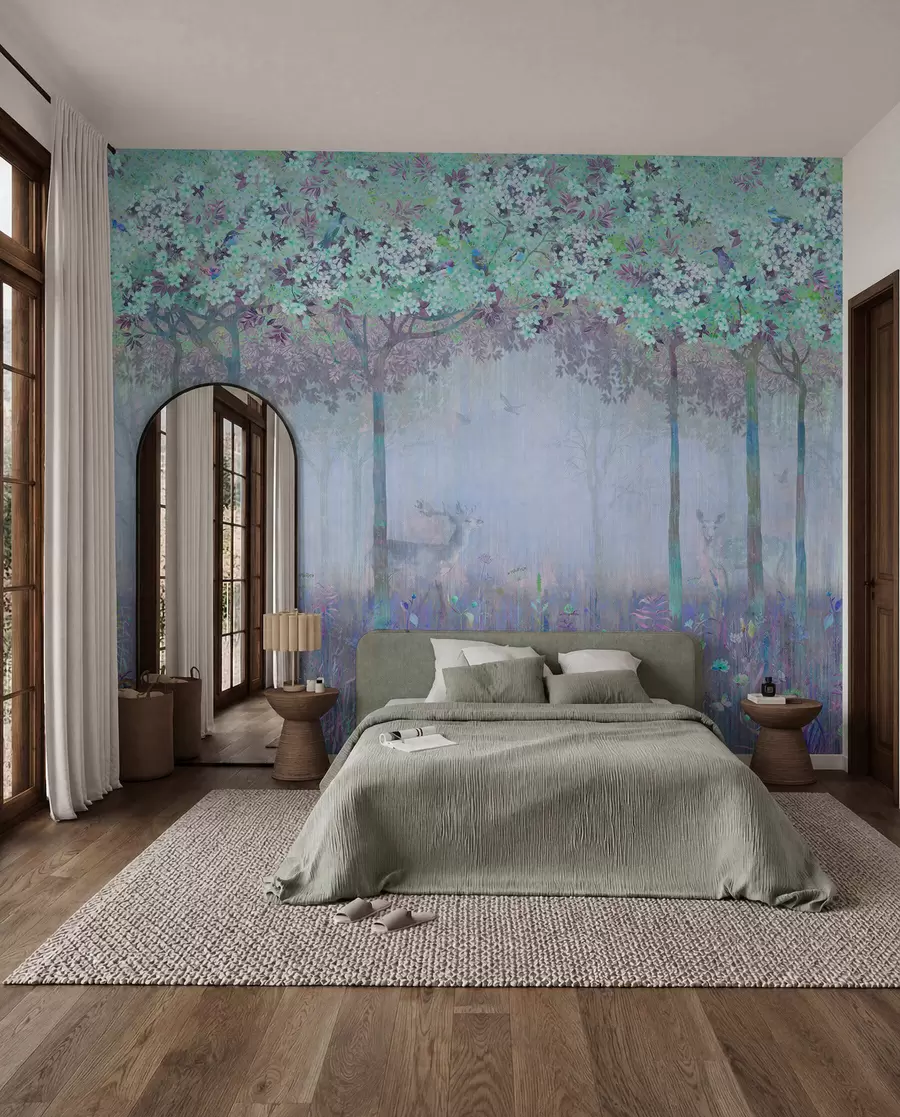 murales de pared Árboles en flor con troncos largos, ciervos entre los árboles u62100v1