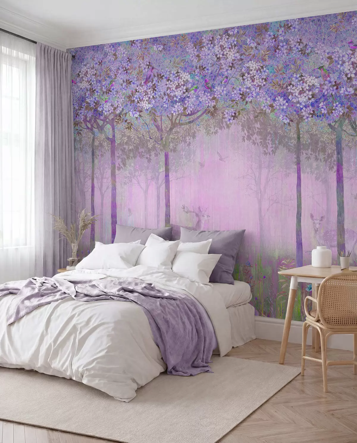 murales de pared Árboles en flor con troncos largos, ciervos entre los árboles u62100v2