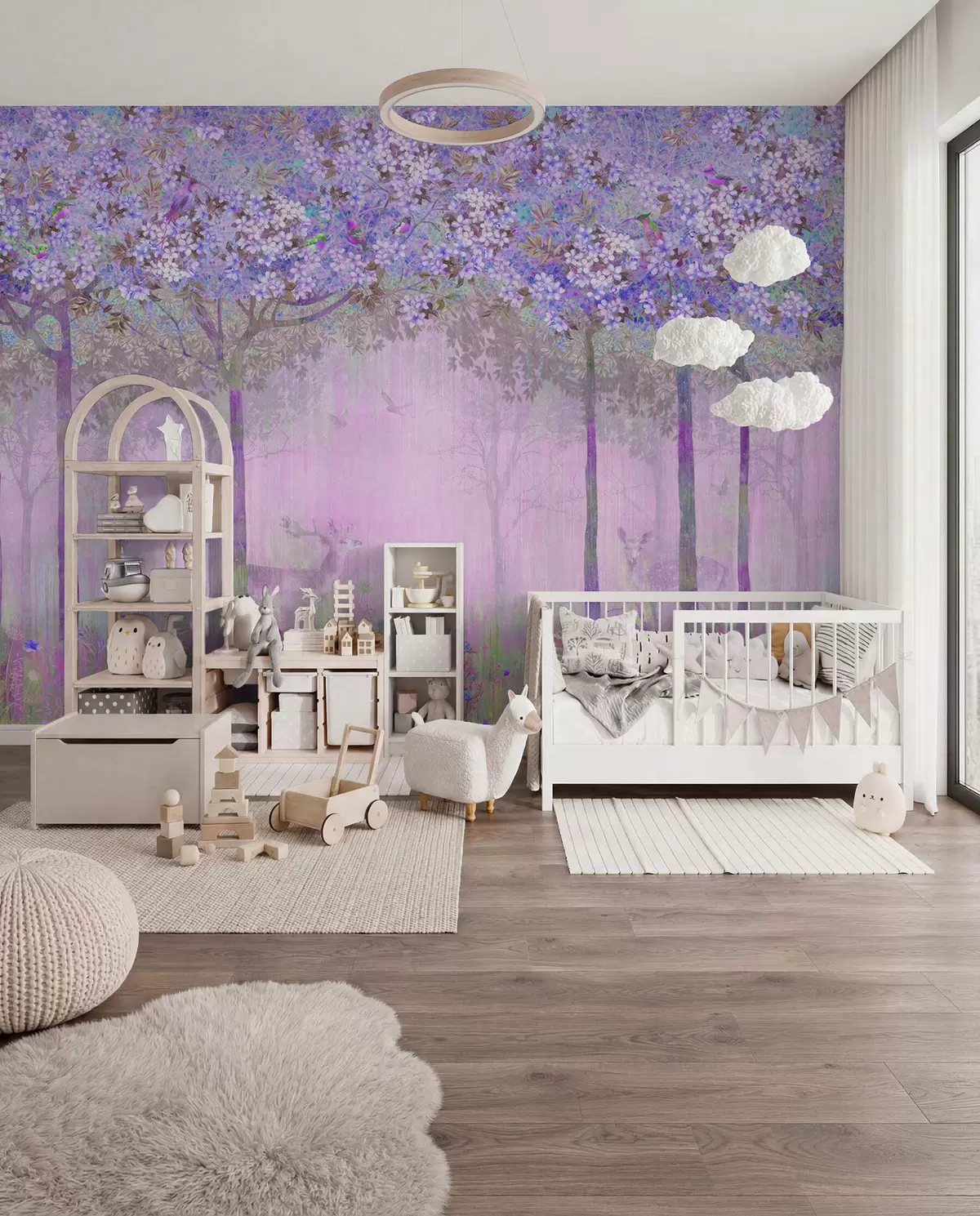 murales de pared Árboles en flor con troncos largos, ciervos entre los árboles u62100v2