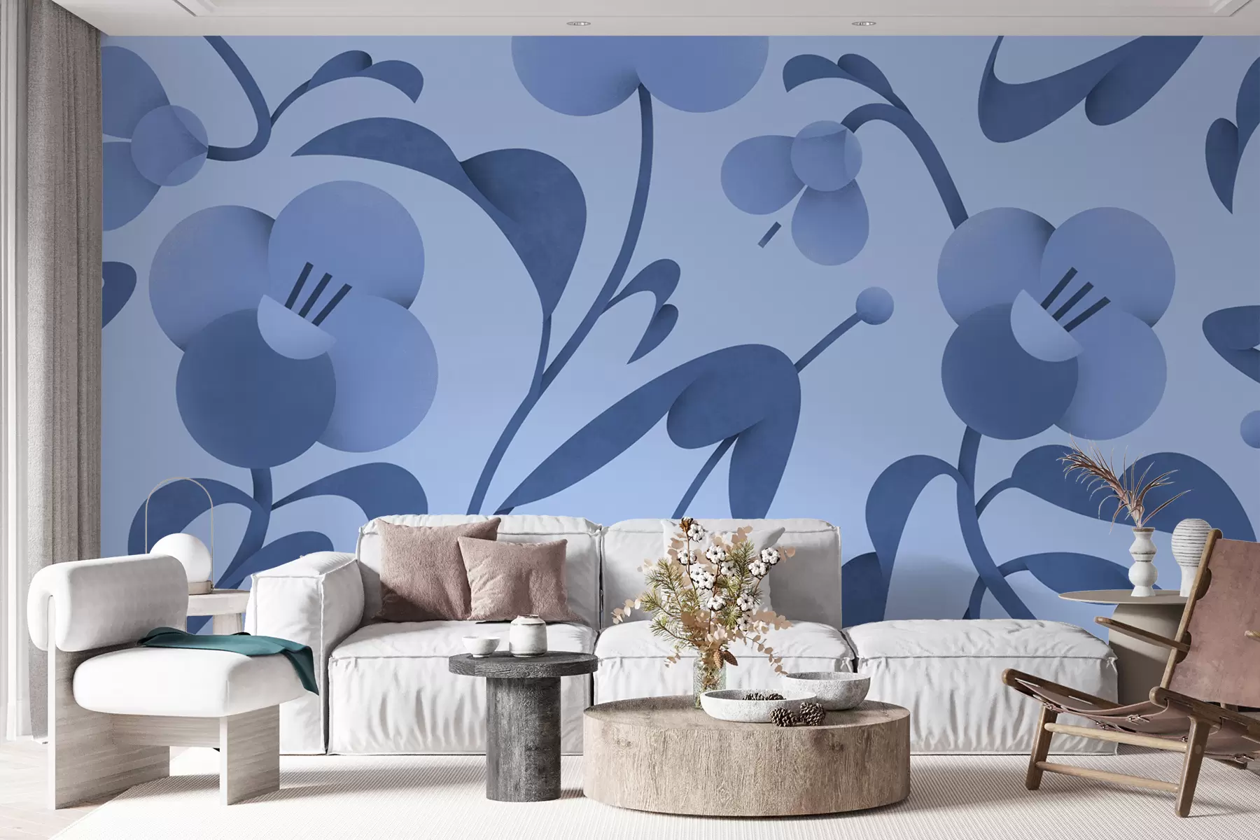 murales de pared Estampado botánico con flores decorativas en azul u99196v8