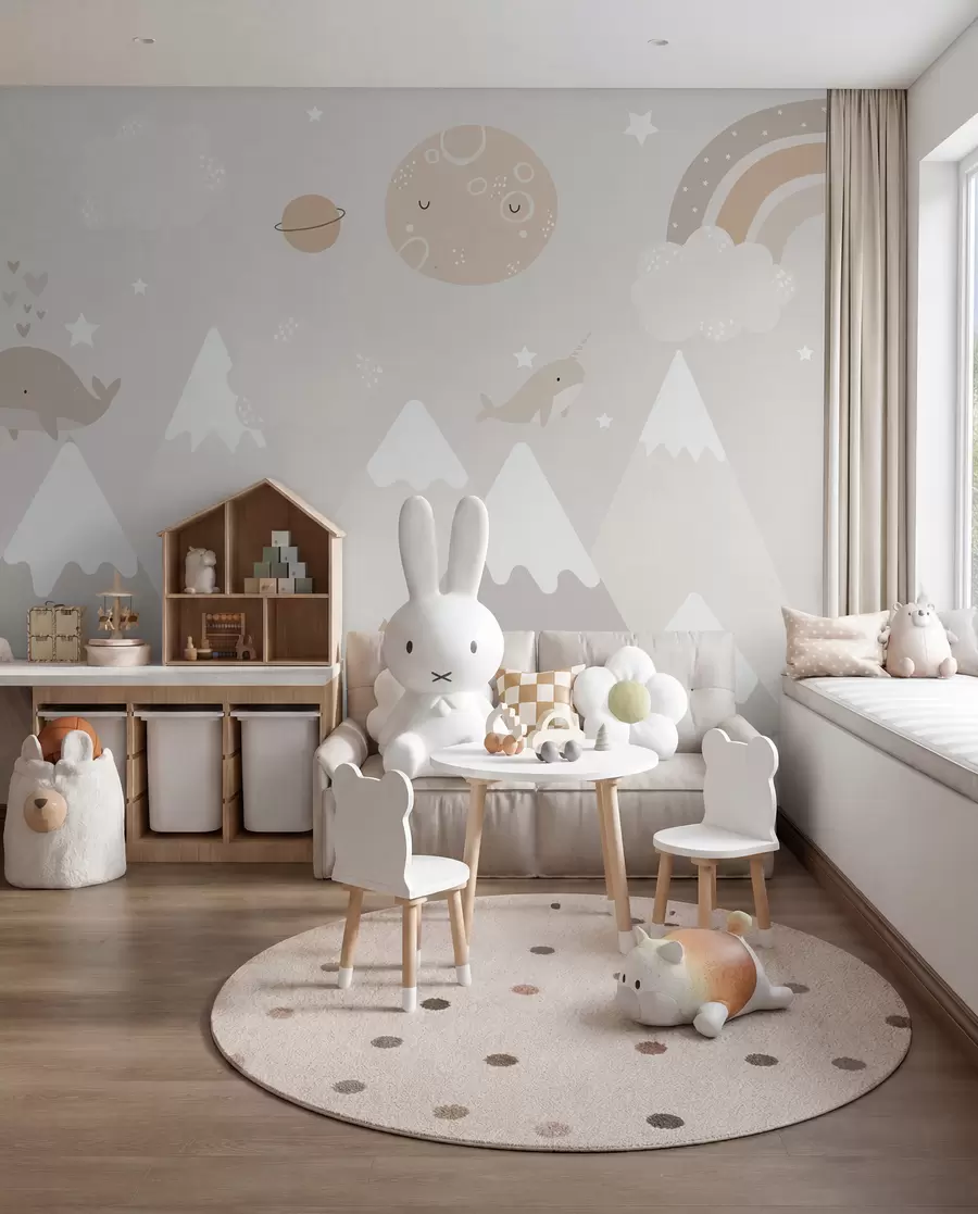murales de pared Montañas con simpáticos animales, nubes y planetas, colores beige u99206