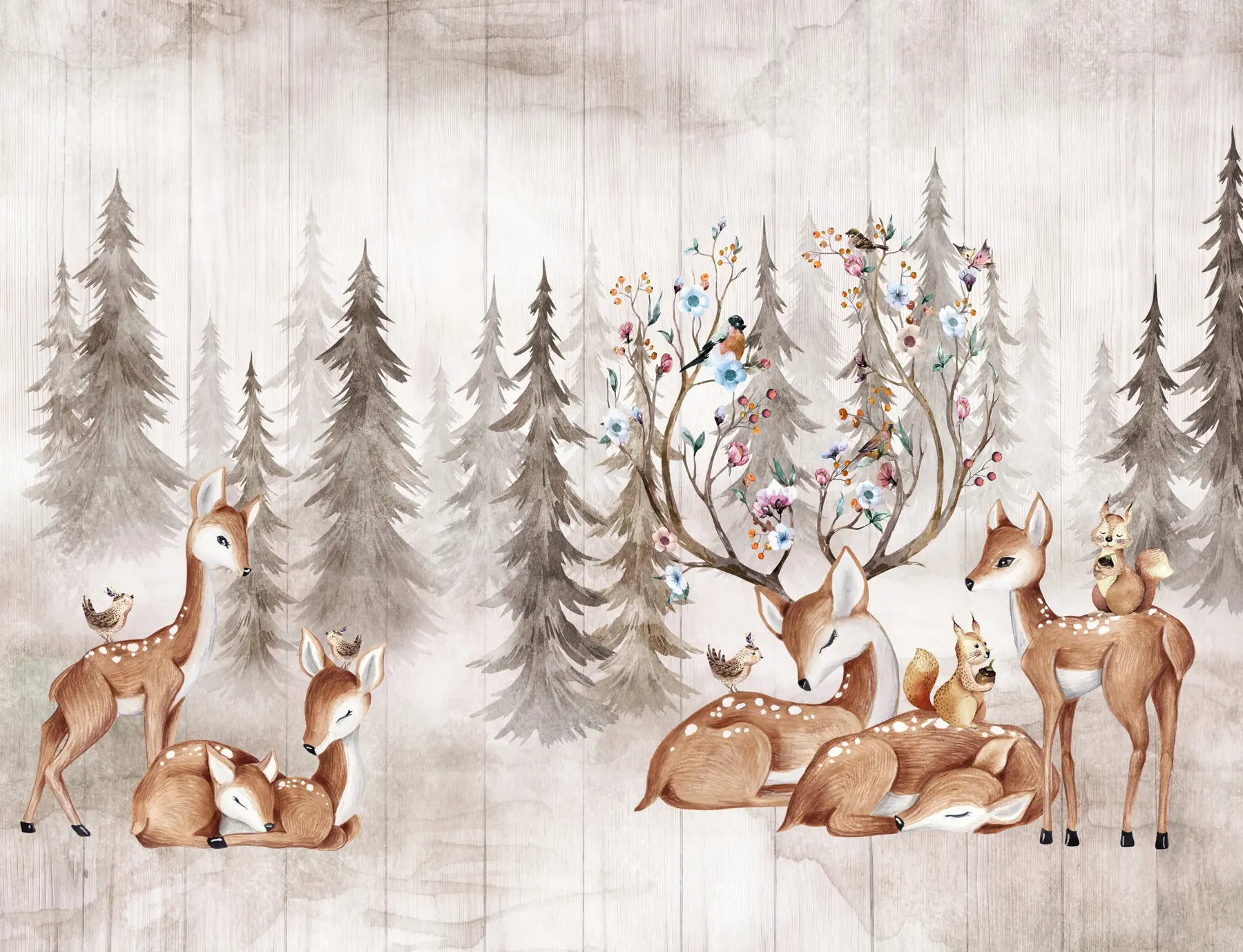 murales de pared Bosque de acuarelas con renos u98679