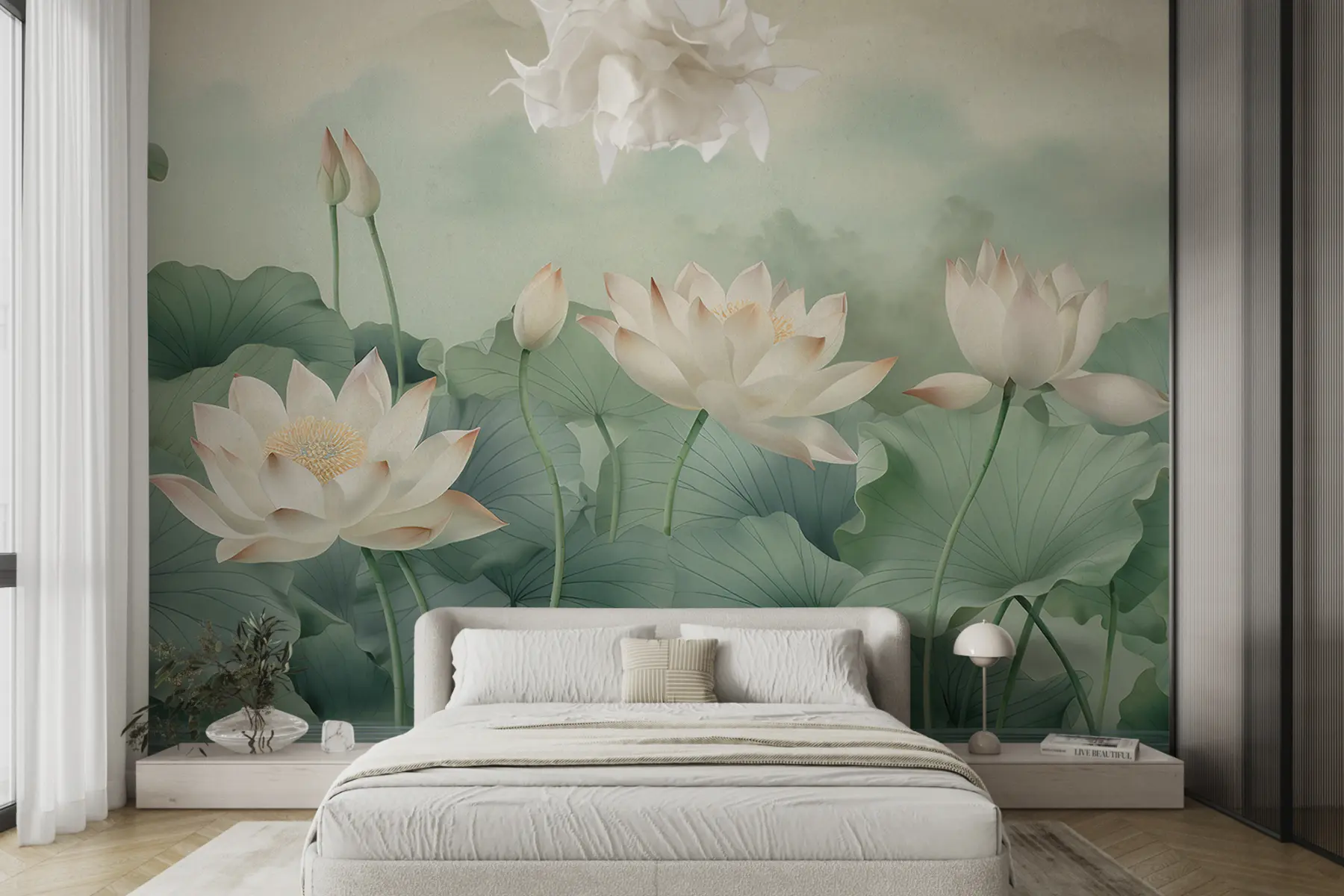 murales de pared Flores de loto en el lago, niebla, arte tropical, vegetación u99455