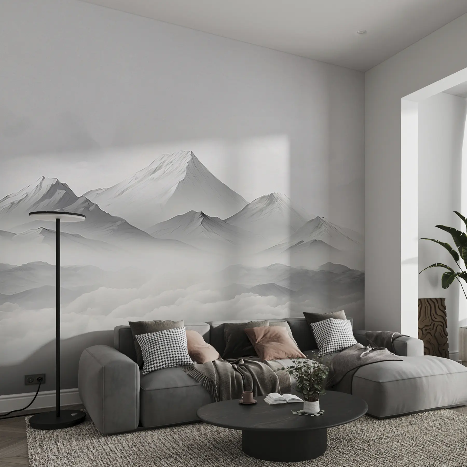 murales de pared Montañas en las nubes, niebla, color gris, paisaje u99458