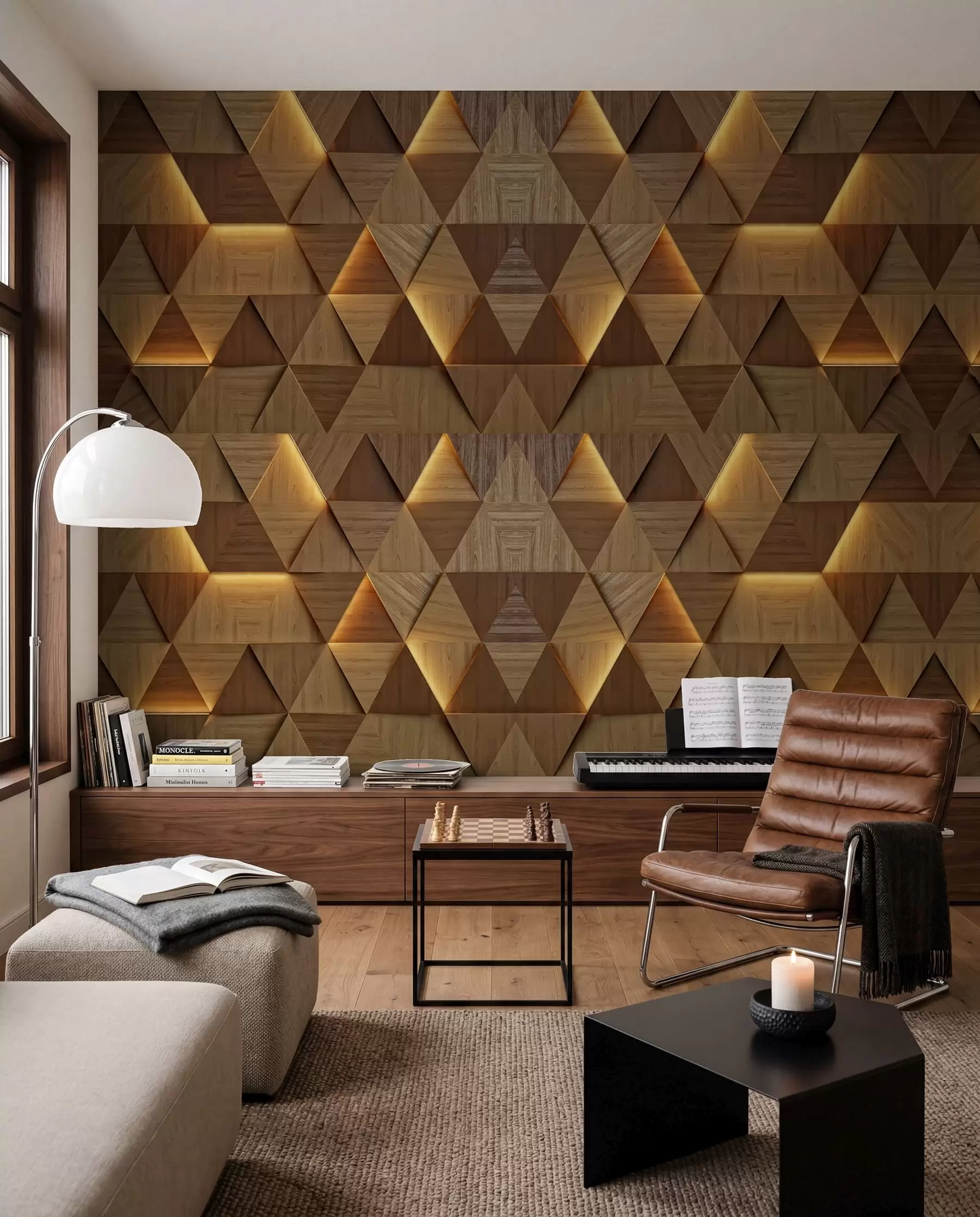 murales de pared Triángulos de madera clásicos con iluminación 3D u99280