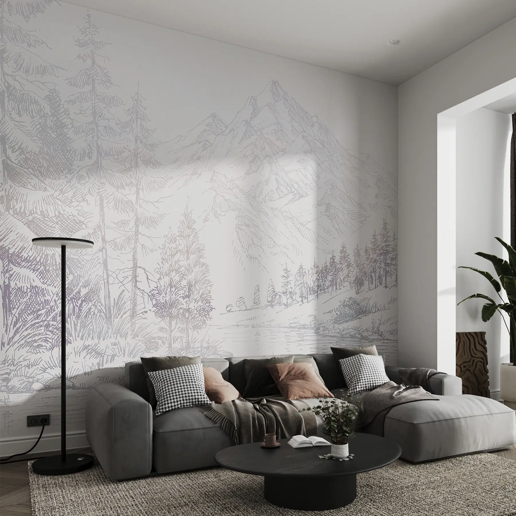 murales de pared Paisaje de montañas alpinas, minimalismo, colores púrpura u99569v1