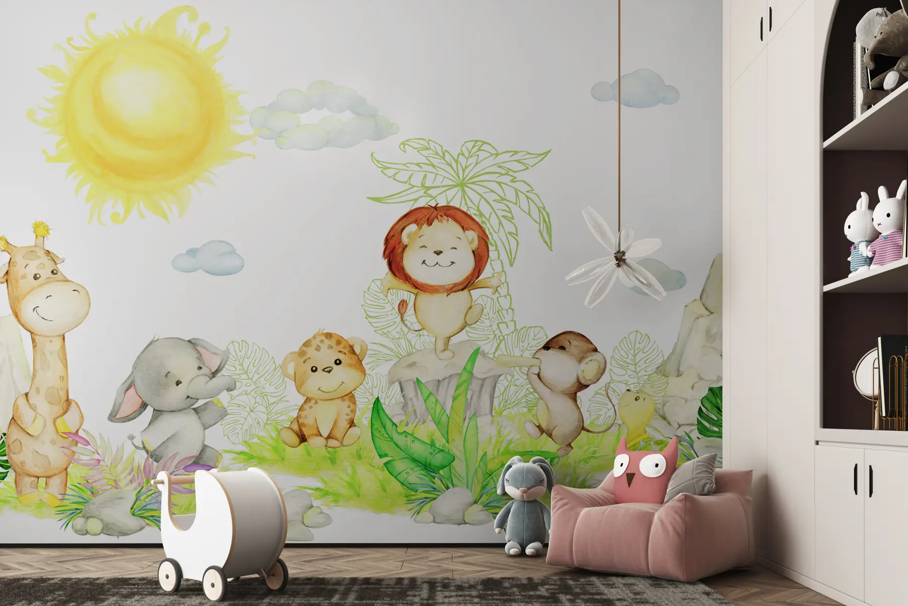 murales de pared Simpáticos animales tropicales en estilo acuarela u99486