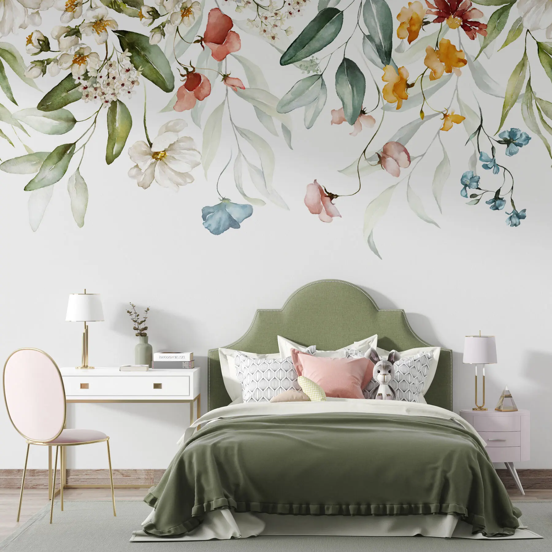 murales de pared Flores y hojas sobre fondo blanco u99495