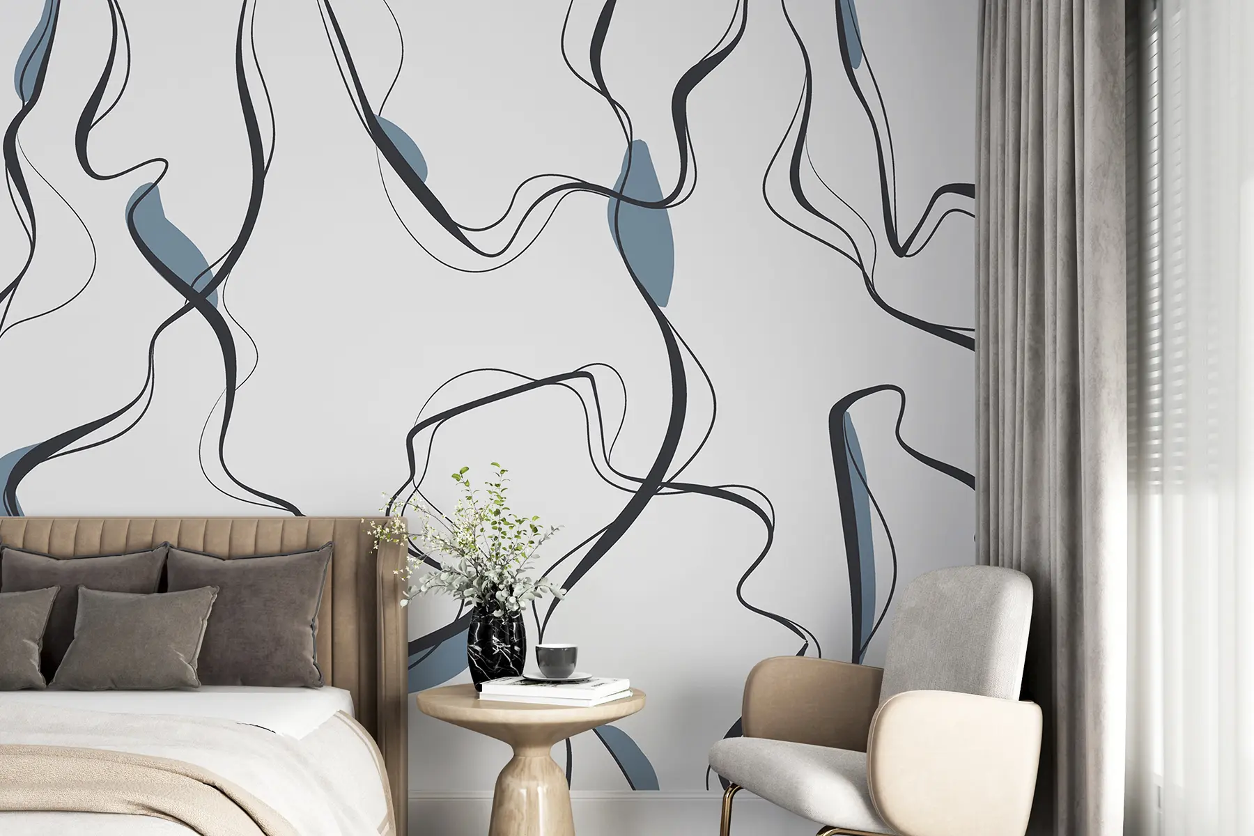 murales de pared Dibujo artístico a tinta, motivo abstracto, líneas geométricas, gris y azul u99659