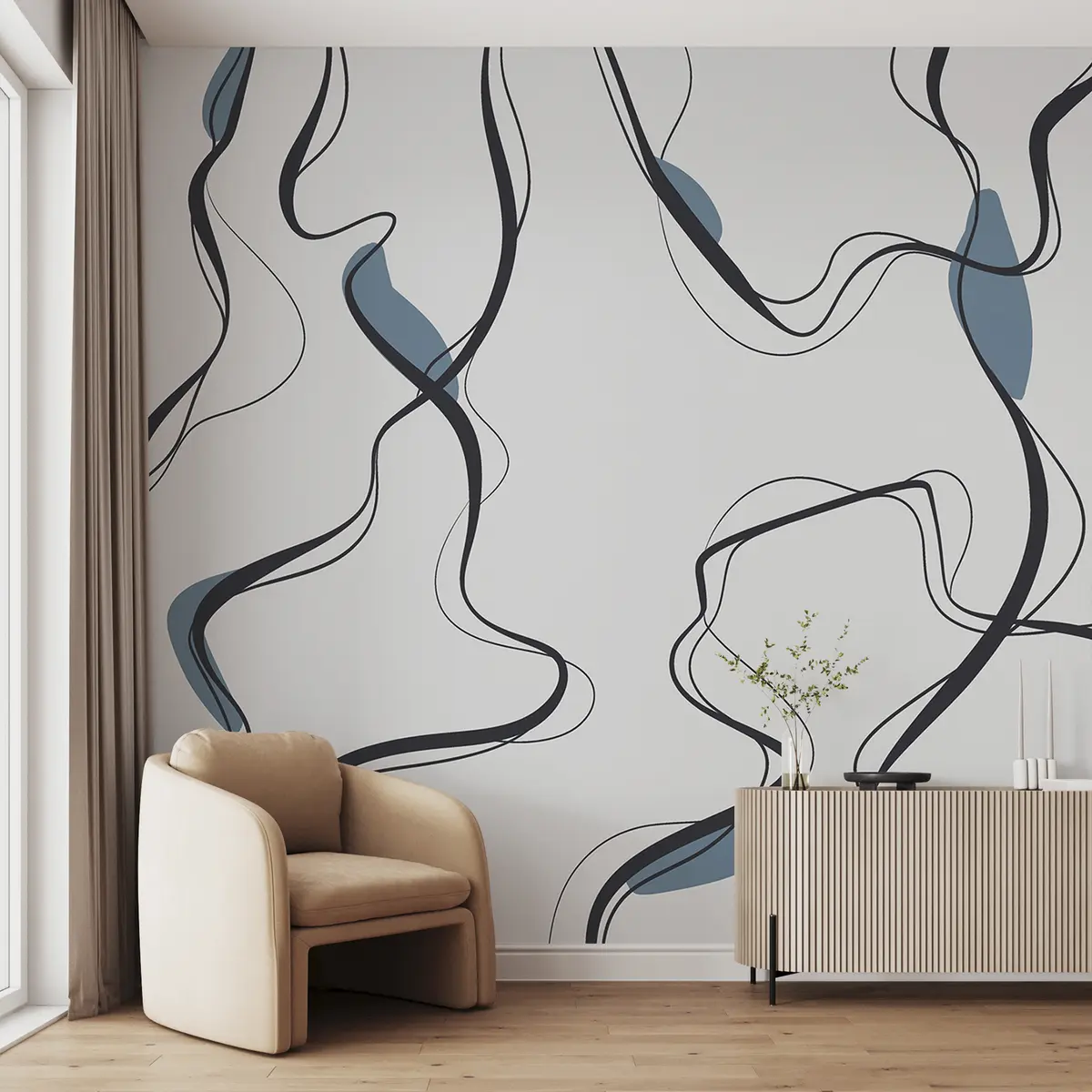murales de pared Dibujo artístico a tinta, motivo abstracto, líneas geométricas, gris y azul u99659