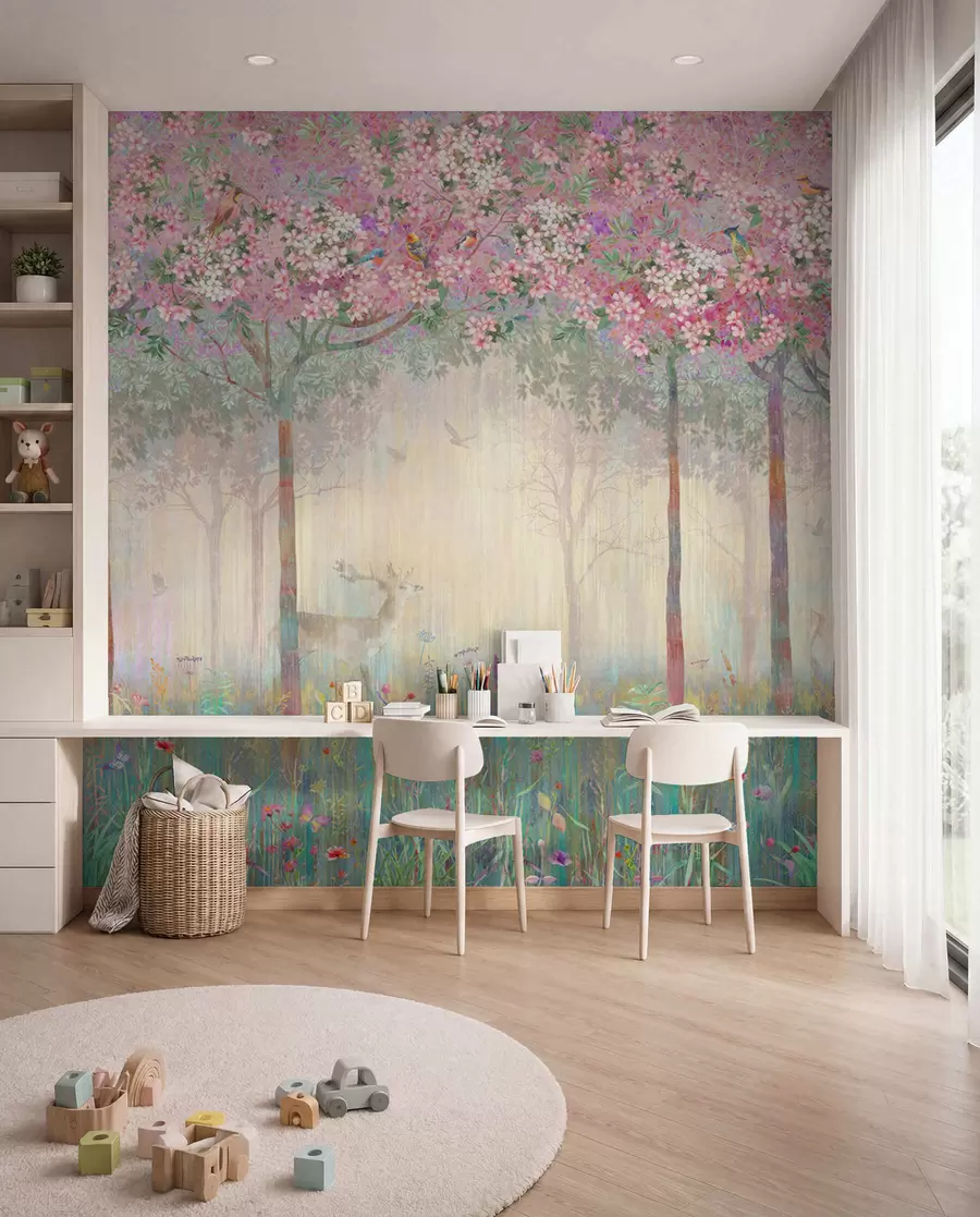 murales de pared Árboles en flor con troncos largos, ciervos entre los árboles u62100d2